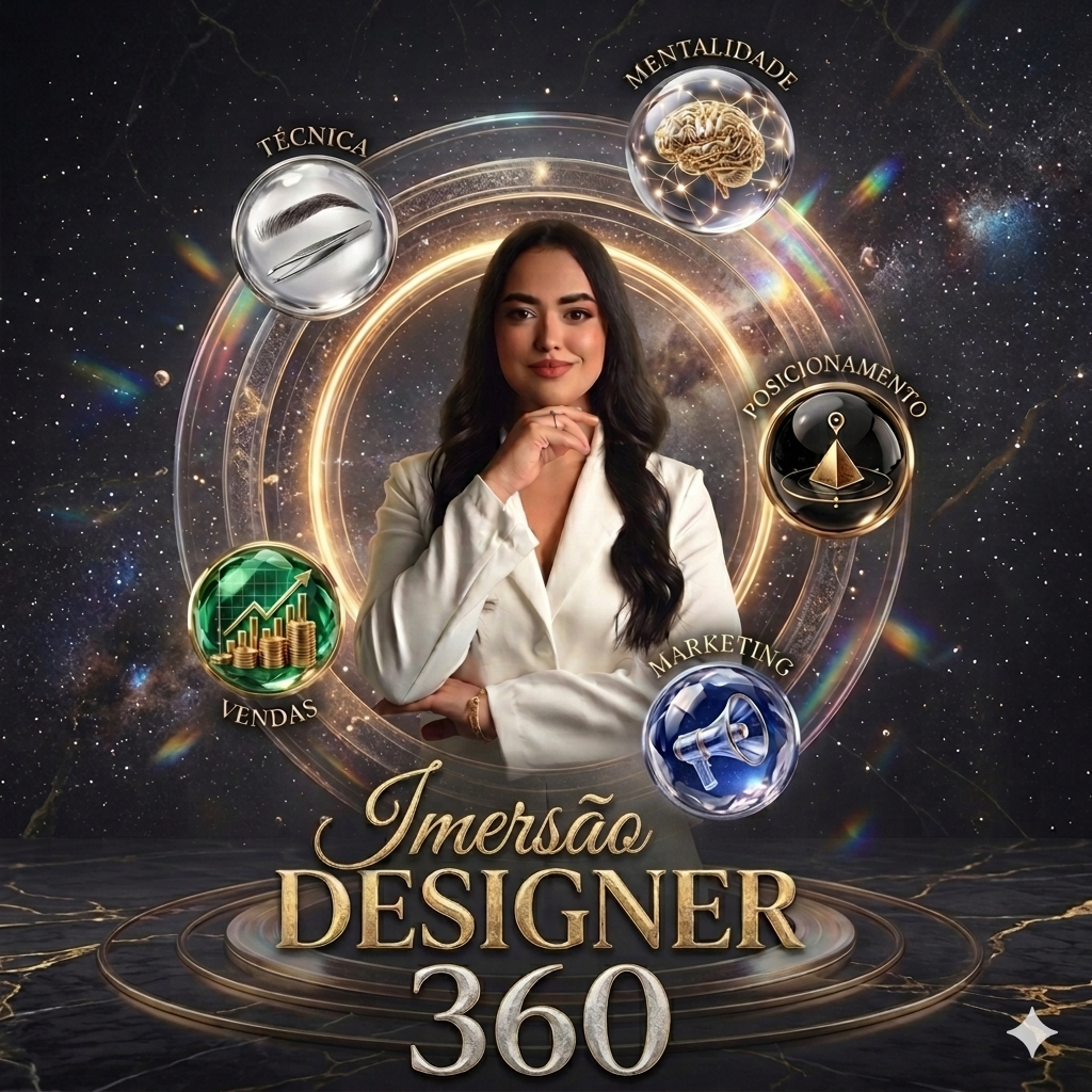 Daiane Machado no centro com os 5 pilares do método Designer 360 orbitando ao redor